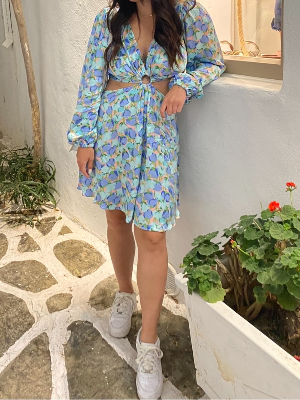 Topshop Pastel Blue Floral Ring-Front Mini Dress